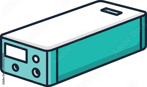 Isometric portable audio speaker vector illustration with blue gradient panels and control buttons interface