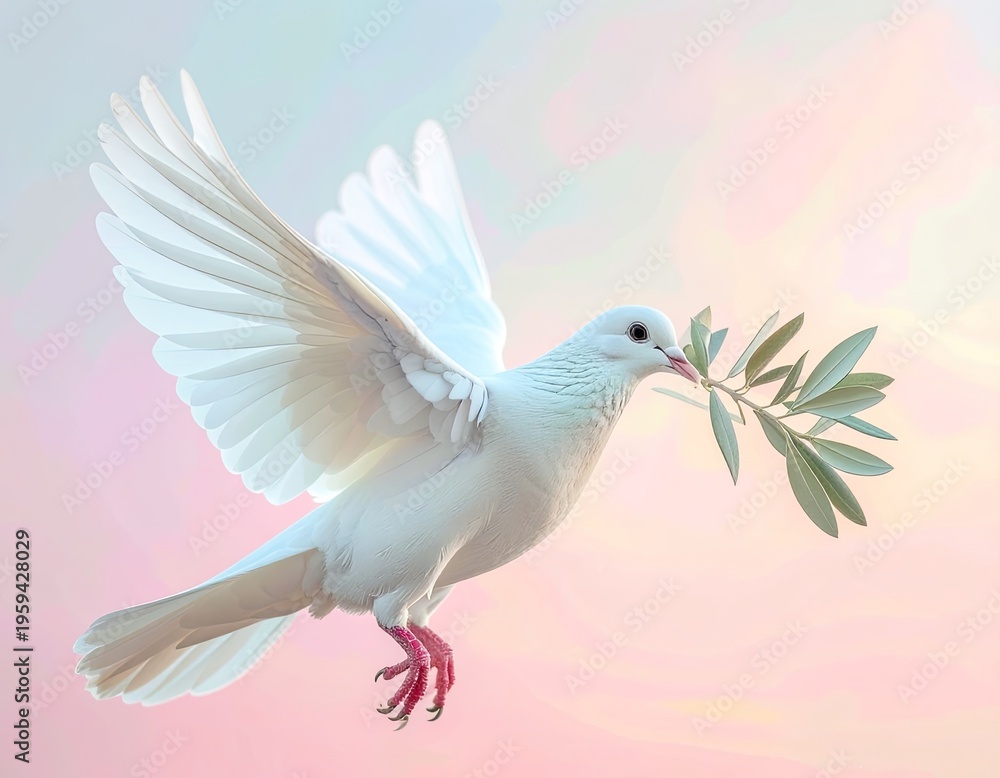Fototapeta premium A white dove carries an olive branch in its beak against a soft, pastel sky.