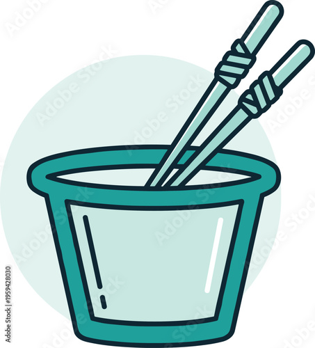 Chopsticks sticking out from bowl food flat icon design with light blue circle background