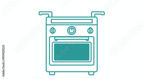 An isolated teal colored outline illustration of a kitchen oven or stove with handles and control knobs