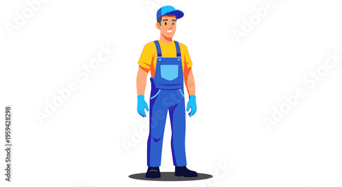 Friendly and professional male worker character in blue uniform and cap, ready for service, offering help with a cheerful smile, flat vector illustration