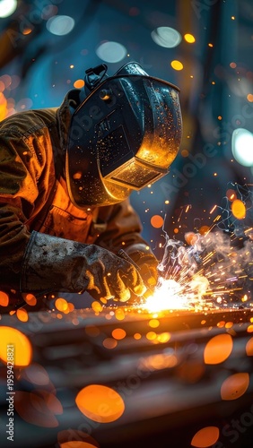 A welder in protective gear intensely works on a project, surrounded by a shower of sparks and bokeh lights.