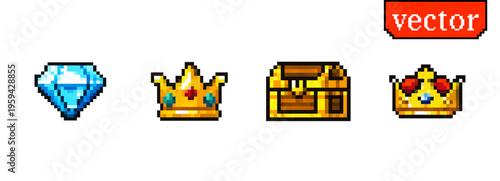 Pixel game treasure icons with diamond crown chest and retro arcade videogame elements