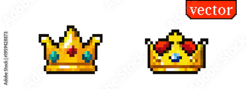 Pixel game crown icons in retro arcade style with golden royal videogame elements