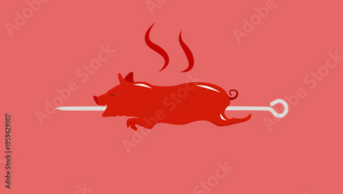pig roasting on spit, flat color vector illustration