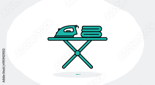 Ironing board vector illustration featuring iron and folded laundry towels on table surface in teal colors