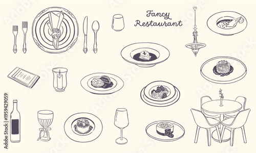 fancy dining restaurant hand drawn illustration collection set - fine dining - vector sketch drawing
