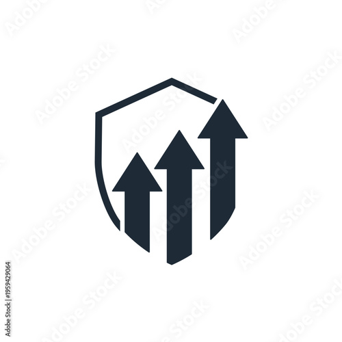 Shield and three arrows pointing up. High reliability. Vector icon illustration isolated on white background. 