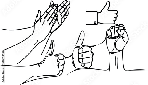 A drawing of hands with different gestures and a thumbs up symbol