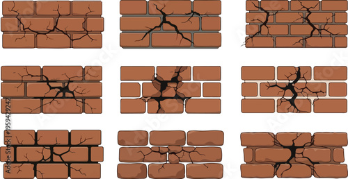 Collection of damaged brick walls with various cracks and fissures, illustration