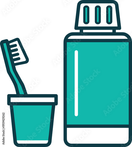 Oral hygiene kit with toothbrush in cup and mouthwash bottle vector illustration for dental health routine