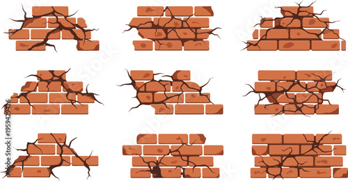 Broken brick wall illustrations showing damage and cracks for construction and repair concepts