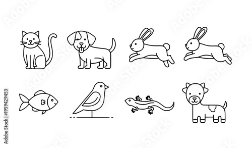 Flat pets line icons vector set including cat, dog, rabbit, fish, bird, lizard, and domestic animal illustrations