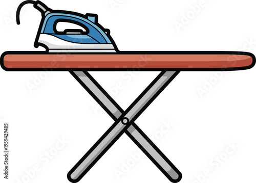 Modern electric steam iron on a red ironing board detailed vector icon illustration isolated on background