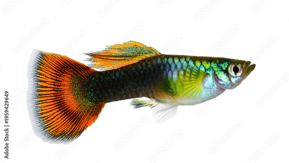 Fototapeta premium Colorful male guppy fish featuring a striking orange tail and iridescent scales
