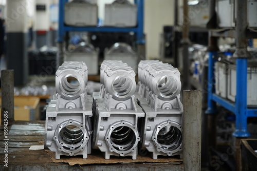 Scene of agricultural machinery components in factory workshop