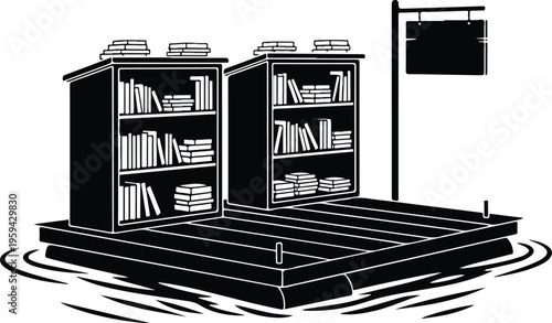 Black and White Silhouette of a Floating Library on a Raft with Bookshelves and Blank Hanging Sign