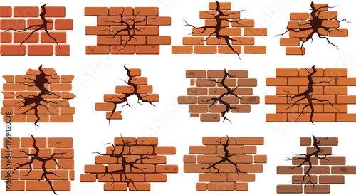 Set of illustrated cracked brick wall elements for design and renovation projects