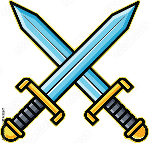 Two crossed swords with blue blades and golden handles, representing combat and battle