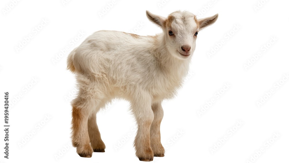 Fototapeta premium Adorable young goat kid with white and brown fur, standing and looking at viewer