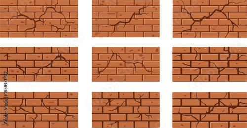 Set of nine cracked brick wall illustrations displaying various damage patterns and textures