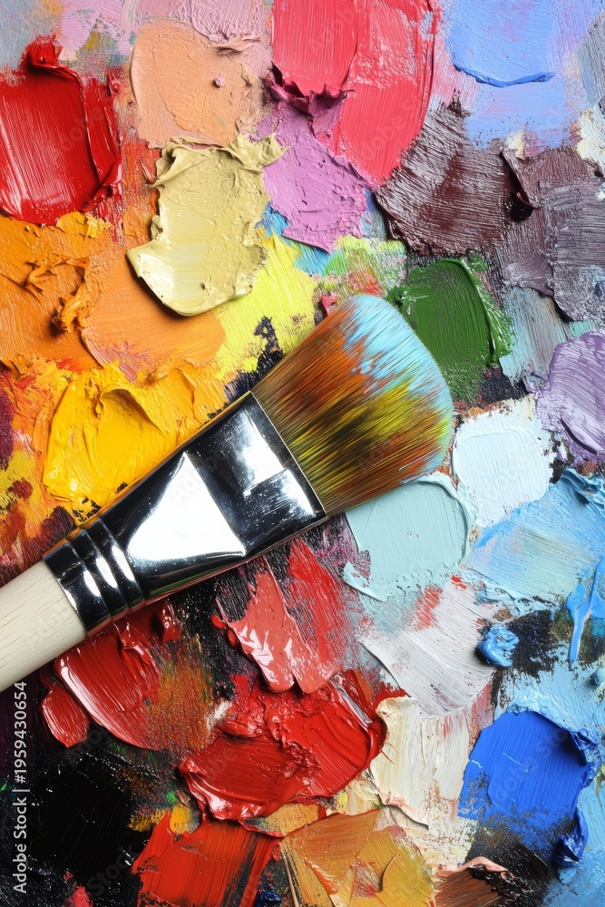 Fototapeta premium Colorful paint palette with brush for art projects and creative activities in a studio setting