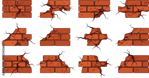 Collection of cracked brick wall sections with visible damage and structural integrity issues