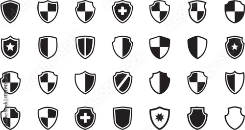 Various black and white shield on white background shields security symbols protection signs