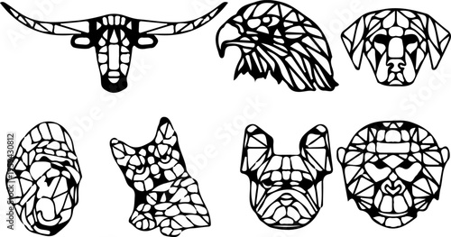 Low Poly Polygon Animal Head Illustration Set Featuring Abstract Geometric Wildlife Faces in Clean Line Art Design