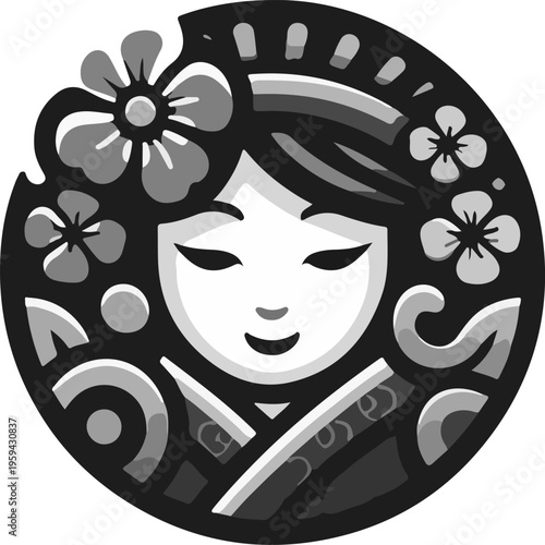 Majestic Goddess Icon in a Symmetrical Circular Frame, Featuring Rich Blue, Red, and Gold Traditional Attire and Elaborate Hairpins