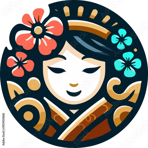 Majestic Goddess Icon in a Symmetrical Circular Frame, Featuring Rich Blue, Red, and Gold Traditional Attire and Elaborate Hairpins.