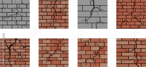 Collection of cracked brick wall textures, with different color bricks and crack patterns