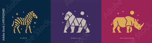 Modern Geometric Animal Icon Set, Abstract Zebra Gorilla Rhino Vector Design, Powerful Wildlife Symbols