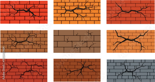 Set of cracked brick wall textures in various colors and shades for design elements