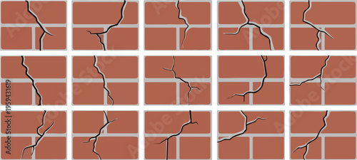 Collection of 15 cracked brick wall sections, illustrating structural damage and decay for design concepts