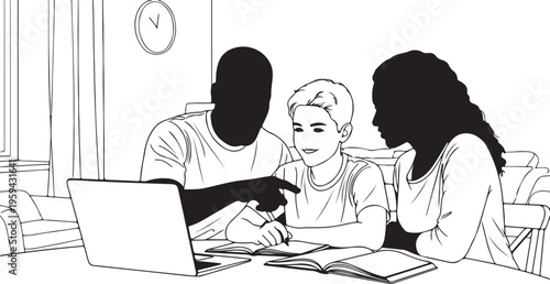 African american father, mother, and young son sit in a cross-legged lotus pose while practicing yoga and meditation together.