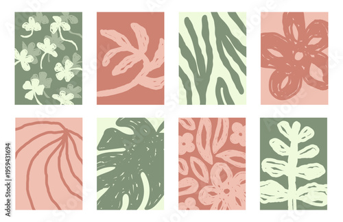 Abstract set of organic botanical posters. Hand drawn vector illustration. Minimalistic design for template, wallpaper, cover, wall art, print. 