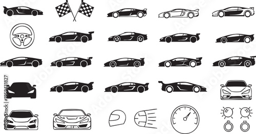 Various sports car silhouettes and racing on white background sports cars racing cars checkered flags