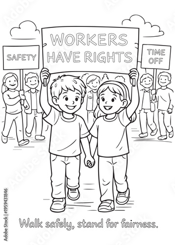 coloring book page boy and girl walking safely and standing for fairness with workers rights signs