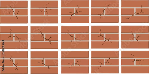 Brick wall cracks in sequence animation frames, showcasing structural damage progression over time