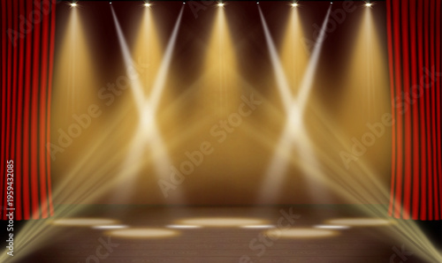 Vector illustration of a theater stage. Stage lighting with spotlights, theater and concert lighting on a red background.