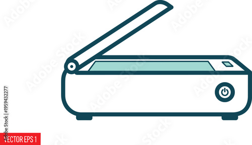Scanner or printer device with open lid and power button, office equipment for document handling