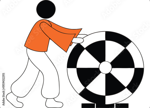Person pushing a large black and white target wheel, symbolizing effort and challenge.