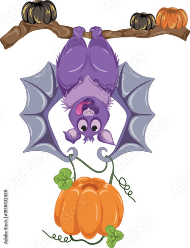 Purple Bat is hanging on a tree, keeping a Halloween Pumpkin, orange and black Halloween Pumpkins, Vector Cartoon Character Illustration