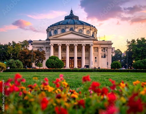 A grand, neoclassical building with a domed roof is bathed in the warm glow of sunset, surrounded by greenery and colorful flowers