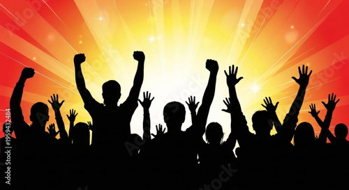 Silhouette of a crowd of people with raised hands in celebration against a vibrant sunset background with rays of light