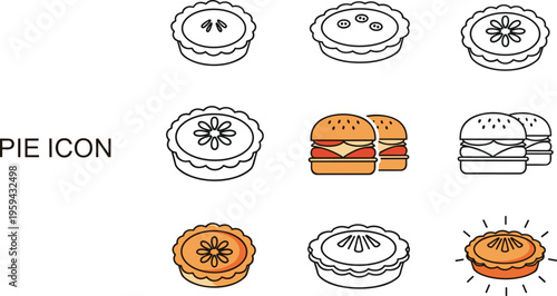 Collection of pies and burgers as food icons in simple line drawing style illustration
