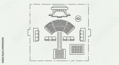 Theater floor plan with stage seating and architectural details in a vector graphic illustration