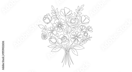 Delicate line art bouquet of assorted flowers and leaves tied with ribbon