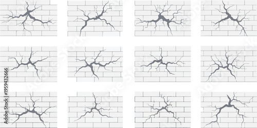 Collection of twelve distinct white brick wall crack illustrations, ideal for graphic design and web applications